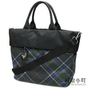 Prada Tessuto Double Tote Bag Black Check Triangle Logo 2Way Shoulder Crossbody